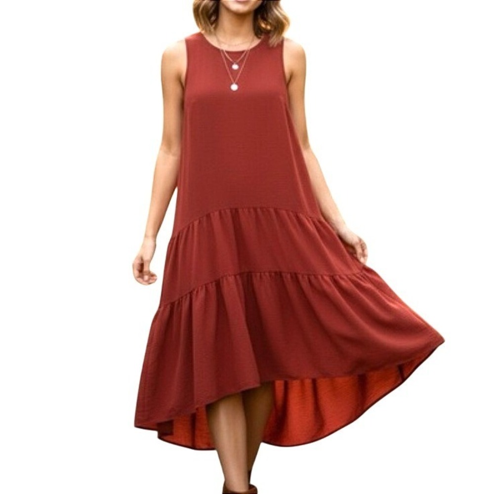 Nicole Miller New York Tiered Drop Waist Midi Dress Rust Red Boho Size XS